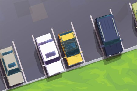 ilustración del área de estacionamiento medio vacía con vista al bordillo y césped verde desde arriba