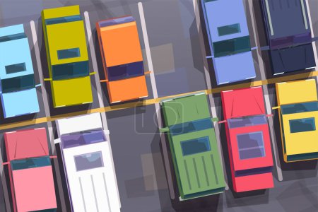 Illustration for Illustration of view from above on vehicle parking full of various cars with several empty spots - Royalty Free Image