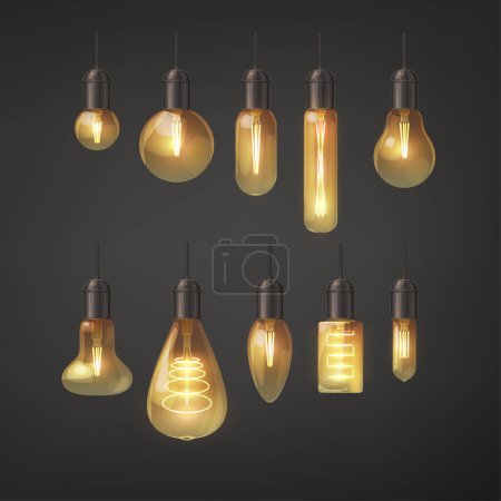 Illustration for Illustration of various shapes modern design filament transparent lamps with yellow color light in set - Royalty Free Image