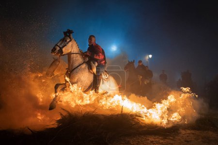 Photo for Close-up of horse passing with his rider over the flames of the piorno. Celebration held during the night January Day, in the town of San Bartolom de Pinares, Avila, Spain, as an act of purification of animals - Royalty Free Image