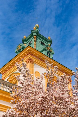 Warschau, Polen - 18. April 2022: Blick auf die Zentralfassade des Königlichen Wilanow-Palastes in Warschau, Polen. Frühling im Park, Magnolienblüten
