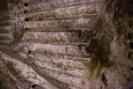 WIELICZKA, POLONIA - 30 DE JUNIO: Vista interior de las minas de sal reales de Wieliczka y bochnia texturizadas paredes de sal y techo, débilmente iluminadas por luces artificiales