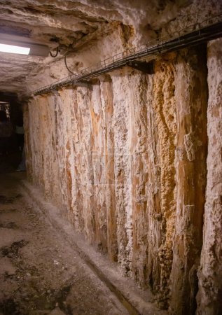 WIELICZKA, POLONIA - 30 DE JUNIO: Vista interior de las minas de sal reales de Wieliczka y bochnia texturizadas paredes de sal y techo, débilmente iluminadas por luces artificiales