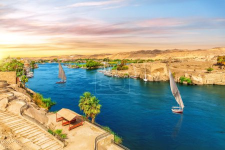 The Nile river and traditional feluccas in Aswan, Egypt, beautiful aerial view.