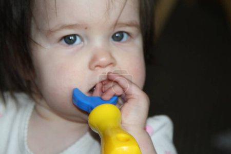 Foto de Bebé niña masticando un juguete amarillo y azul - Imagen libre de derechos