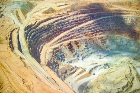 Close-up aerial view of the pit of a copper mine at the altiplano of the Atacama Desert in northern Chile