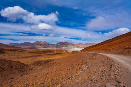 Straße nach Salar de Aguas Calientes (spanisch für heißes Wasser Salzsee) und Lagune im Altiplano über 4000 Meter über dem Meeresspiegel, Atacama-Wüste, Region Antofagasta, Chile