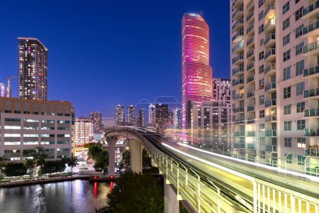 Skyline of downtown Miami in Brickell district with metromover monorail, Florida, United States