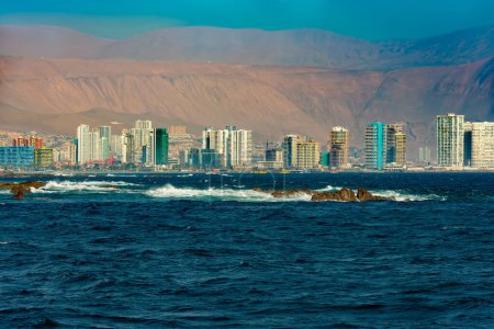 View from the ocean of the skyline of Iquique in northen Chile.