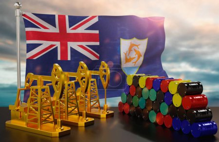 Photo for The Anguilla's petroleum market. Oil pump made of gold and barrels of metal. The concept of oil production, storage and value. Anguilla flag in background.  3d Rendering. - Royalty Free Image