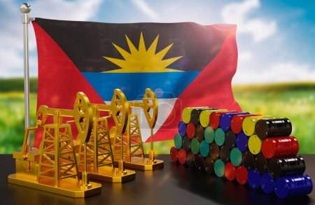 Photo for The Antigua and Barbuda's petroleum market. Oil pump made of gold and barrels of metal. The concept of oil production, storage and value. Antigua and Barbuda flag in background.  3d Rendering. - Royalty Free Image