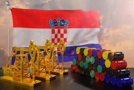 The Croatia's petroleum market. Oil pump made of gold and barrels of metal. The concept of oil production, storage and value. Croatia flag in background.  3d Rendering.