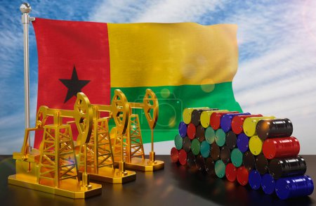 Photo for The Guinea Bissau's petroleum market. Oil pump made of gold and barrels of metal. The concept of oil production, storage and value. Guinea Bissau flag in background.  3d Rendering. - Royalty Free Image