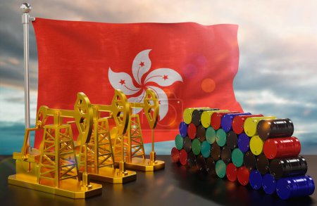 Photo for The Hong Kong's petroleum market. Oil pump made of gold and barrels of metal. The concept of oil production, storage and value. Hong Kong flag in background.  3d Rendering. - Royalty Free Image