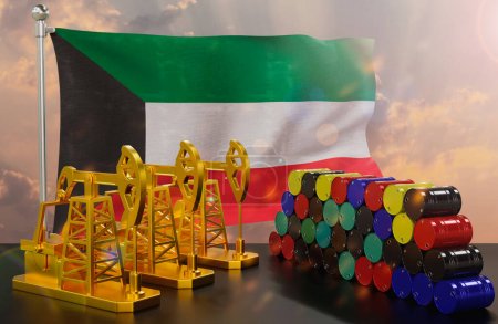 Foto de El mercado del petróleo de Kuwait. Bomba de aceite de oro y barriles de metal. El concepto de producción, almacenamiento y valor del petróleo. Bandera de Kuwait en segundo plano. Renderizado 3d. - Imagen libre de derechos