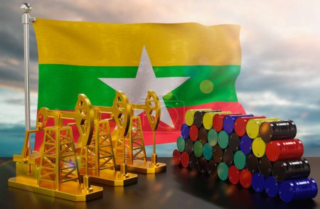Photo for The Myanmar or Burma's petroleum market. Oil pump made of gold and barrels of metal. The concept of oil production, storage and value. Myanmar or Burma flag in background.  3d Rendering. - Royalty Free Image