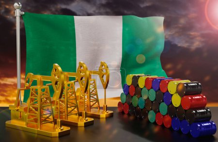 Photo for The Nigeria's petroleum market. Oil pump made of gold and barrels of metal. The concept of oil production, storage and value. Nigeria flag in background.  3d Rendering. - Royalty Free Image