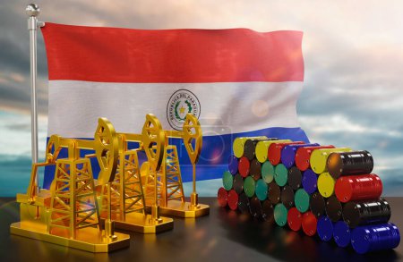 The Paraguay's petroleum market. Oil pump made of gold and barrels of metal. The concept of oil production, storage and value. Paraguay flag in background.  3d Rendering.