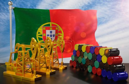 Photo for The Portugal's petroleum market. Oil pump made of gold and barrels of metal. The concept of oil production, storage and value. Portugal flag in background.  3d Rendering. - Royalty Free Image