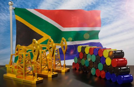 Téléchargez les photos : Le marché du pétrole en Afrique du Sud. Pompe à huile en or et barils de métal. Le concept de production, stockage et valeur du pétrole. Drapeau sud-africain en arrière-plan. Rendu 3d. - en image libre de droit