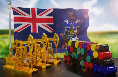 Photo for The South Georgia and the South Sandwich Islands's petroleum market. Oil pump made of gold and barrels of metal. The concept of oil production, storage and value. South Georgia and the South Sandwich Islands flag in background.  3d Rendering. - Royalty Free Image