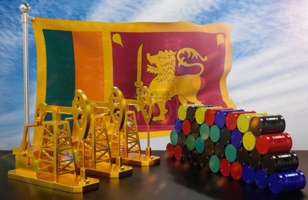 Téléchargez les photos : Le marché pétrolier du Sri Lanka. Pompe à huile en or et barils de métal. Le concept de production, stockage et valeur du pétrole. Drapeau du Sri Lanka en arrière-plan. Rendu 3d. - en image libre de droit