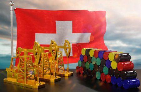 The Switzerland's petroleum market. Oil pump made of gold and barrels of metal. The concept of oil production, storage and value. Switzerland flag in background.  3d Rendering.