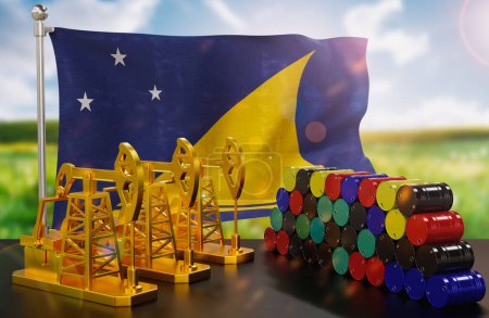Photo for The Tokelau's petroleum market. Oil pump made of gold and barrels of metal. The concept of oil production, storage and value. Tokelau flag in background.  3d Rendering. - Royalty Free Image