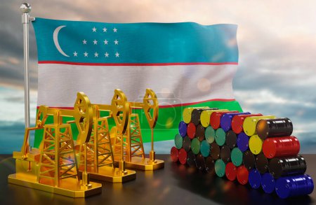 Photo for The Uzbekistan's petroleum market. Oil pump made of gold and barrels of metal. The concept of oil production, storage and value. Uzbekistan flag in background.  3d Rendering. - Royalty Free Image