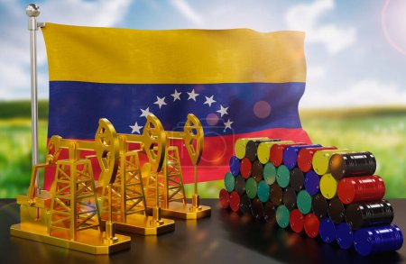 Photo for The Venezuela's petroleum market. Oil pump made of gold and barrels of metal. The concept of oil production, storage and value. Venezuela flag in background.  3d Rendering. - Royalty Free Image