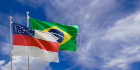 Photo for Official flags of the country Brazil and federal state of Amazonas. Swaying in the wind under the blue sky. 3d rendering - Royalty Free Image