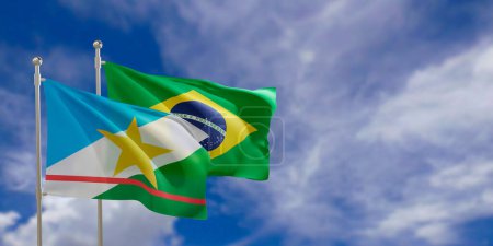 Foto de Banderas oficiales del país Brasil y estado federal de Roraima. Balanceándose en el viento bajo el cielo azul. renderizado 3d - Imagen libre de derechos