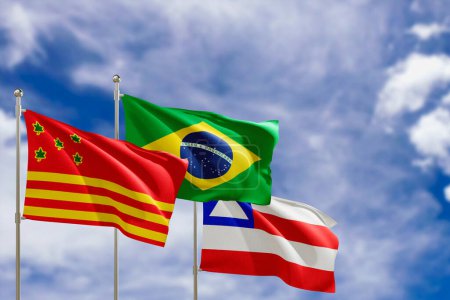 Drapeaux officiels du pays Brésil, État de Bahia et ville d'Ilheus. Balançant dans le vent sous le ciel bleu. Rendu 3d