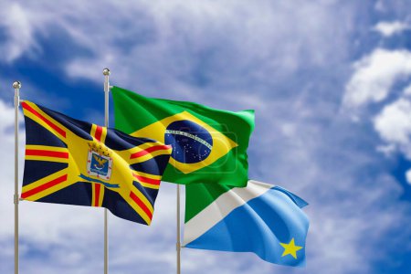 Offizielle Flaggen des Landes Brasilien, Bundesstaat Mato Grosso do Sul und Stadt Campo Grande. Schunkeln im Wind unter blauem Himmel. 3D-Darstellung
