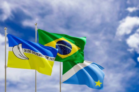 Foto de Banderas oficiales del país Brasil, estado de Mato Grosso do Sul y ciudad de Dourados. Balanceándose en el viento bajo el cielo azul. renderizado 3d - Imagen libre de derechos