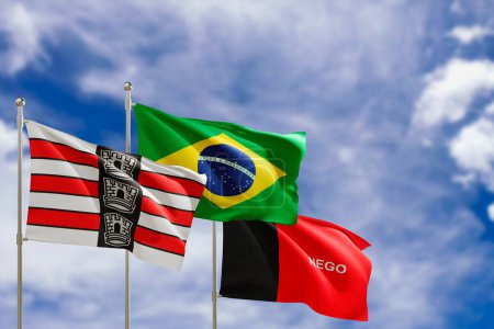 Banderas oficiales del país Brasil, estado de Paraíba y ciudad de Joao Pessoa. Balanceándose en el viento bajo el cielo azul. renderizado 3d