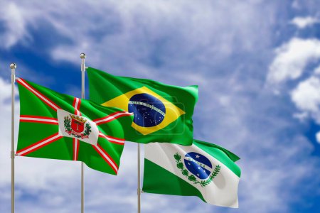 Offizielle Flaggen des Landes Brasilien, Bundesstaat Parana und Stadt Curitiba. Schunkeln im Wind unter blauem Himmel. 3D-Darstellung