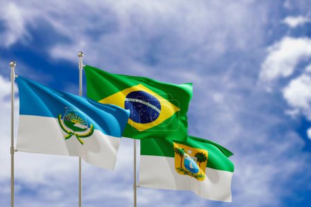 Offizielle Flaggen des Landes Brasilien, des Staates Rio Grande do Norte und der Stadt Mossoro. Schunkeln im Wind unter blauem Himmel. 3D-Darstellung