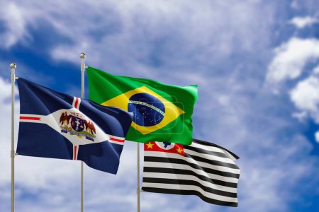 Drapeaux officiels du pays Brésil, état de Sao Paulo et ville de Guarulhos. Balançant dans le vent sous le ciel bleu. Rendu 3d