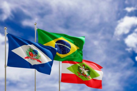 Drapeaux officiels du pays Brésil, état de Santa Catarina et ville de Joinville. Balançant dans le vent sous le ciel bleu. Rendu 3d