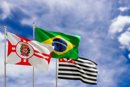 Drapeaux officiels du pays Brésil, état de Sao Paulo et ville de Sao Paulo. Balançant dans le vent sous le ciel bleu. Rendu 3d