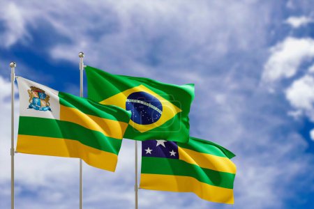 Drapeaux officiels du pays Brésil, état de Sergipe et ville d'Aracaju. Balançant dans le vent sous le ciel bleu. Rendu 3d
