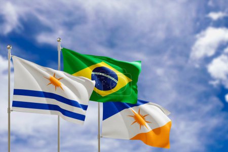 Banderas oficiales del país Brasil, estado de Tocantis y ciudad de Palmas. Balanceándose en el viento bajo el cielo azul. renderizado 3d
