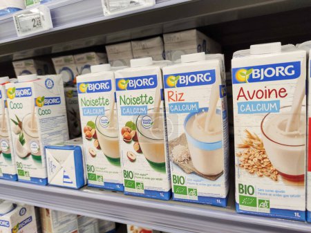Photo for Puilboreau, France - October 3, 2020:Organic milk packs of coconut, rice, oats and hazelnut on shelves in a supermarket by "Bjorg" Brand - Royalty Free Image