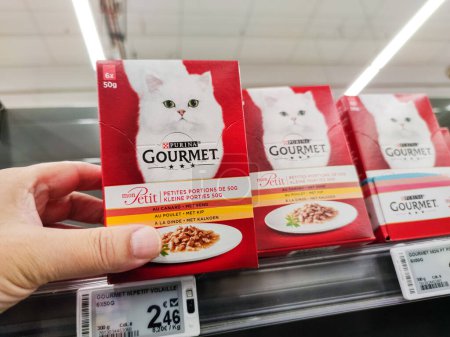 Photo for Puilboreau, France - October 14, 2020:Customer Exploring Wet Cat Food Pouches Section"Gourmet" brand in a French Pet Store - Royalty Free Image