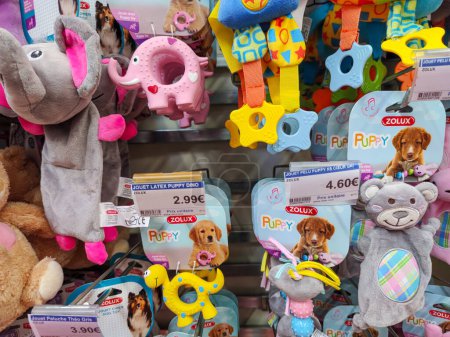 Photo for Surgeres, France - October 17, 2020:front view of Dog Toy Section in a French Pet Store - Royalty Free Image