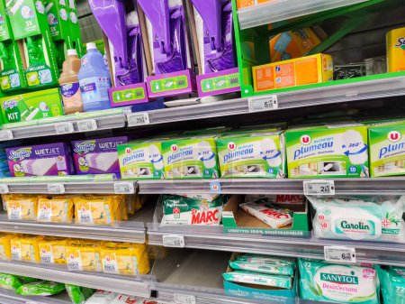 Photo for Puilboreau, France - October 14, 2020:Supermarket Aisle with Cleaning Wipes and Disinfectant Products - Royalty Free Image
