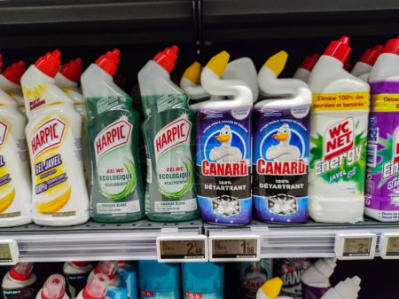 Photo for Surgeres, France - October 17, 2020:row of toilet cleaner, cleaning products bootles in a French Supermarket - Royalty Free Image