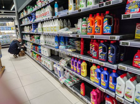Photo for Surgeres, France - October 17, 2020:Row of Drain Cleaner Liquid Aisle in a French Supermarket - Royalty Free Image