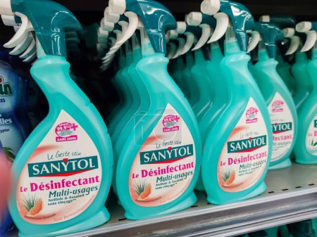 Photo for Puilboreau, France - October 14, 2020:Row of Household Cleaning Products, Sanitol, in a French Supermarket - Royalty Free Image